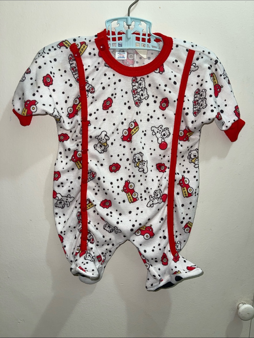 Vintage Buster Brown Footie One-Piece Sleeper Firemen Dalmatians Red Trim Sz 0/3